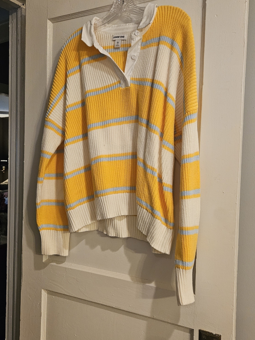 Lands' End Yellow, Cream & Light Blue Striped Polo Knit Sweater